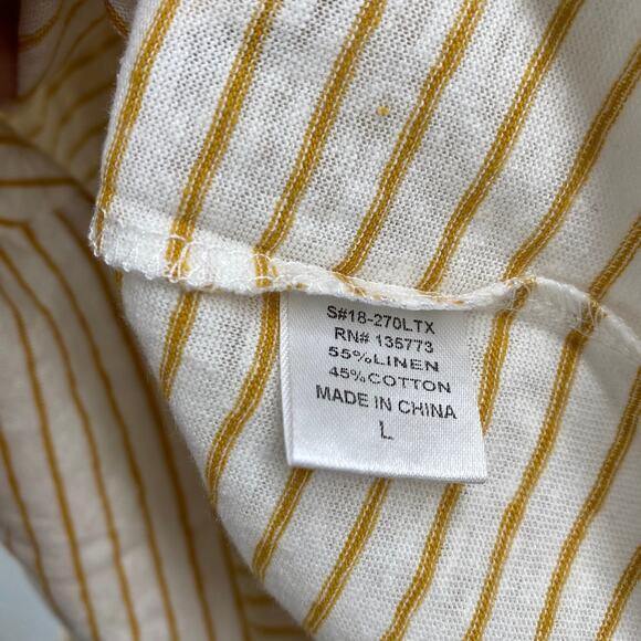 White Mustard Yellow Gold Stripe Twist Front V Neck Linen Blend Tee Shirt Large - Picture 5 of 5